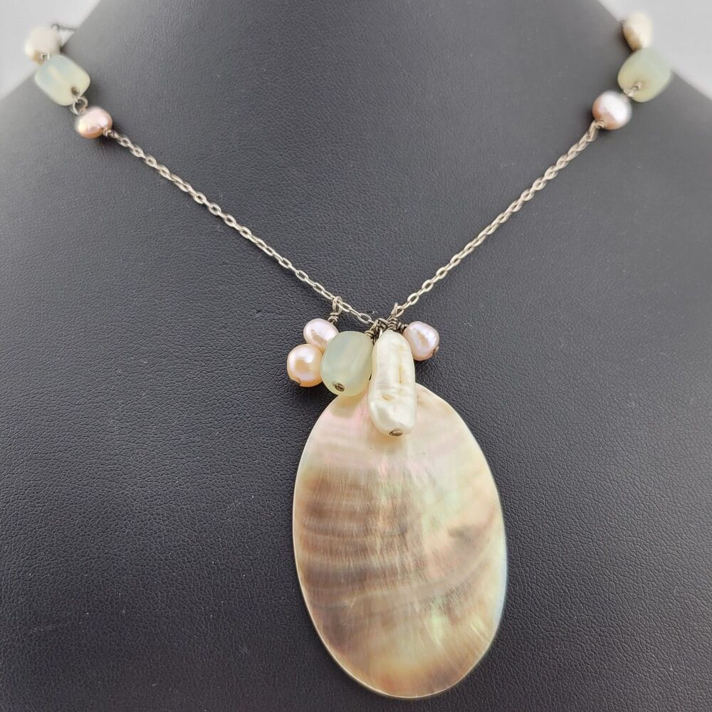Mother of Pearl Baroque Green Chalcedony Festoon Pendant Sterling Necklace